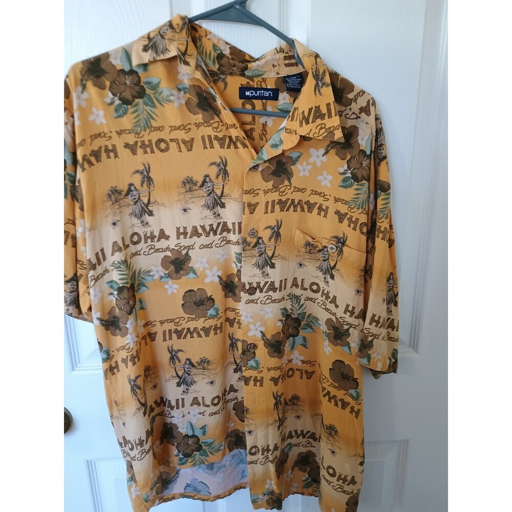 Puritan Mens Short Sleeve Button Up Pocketed Hawaiian Print Shirt Large Orange